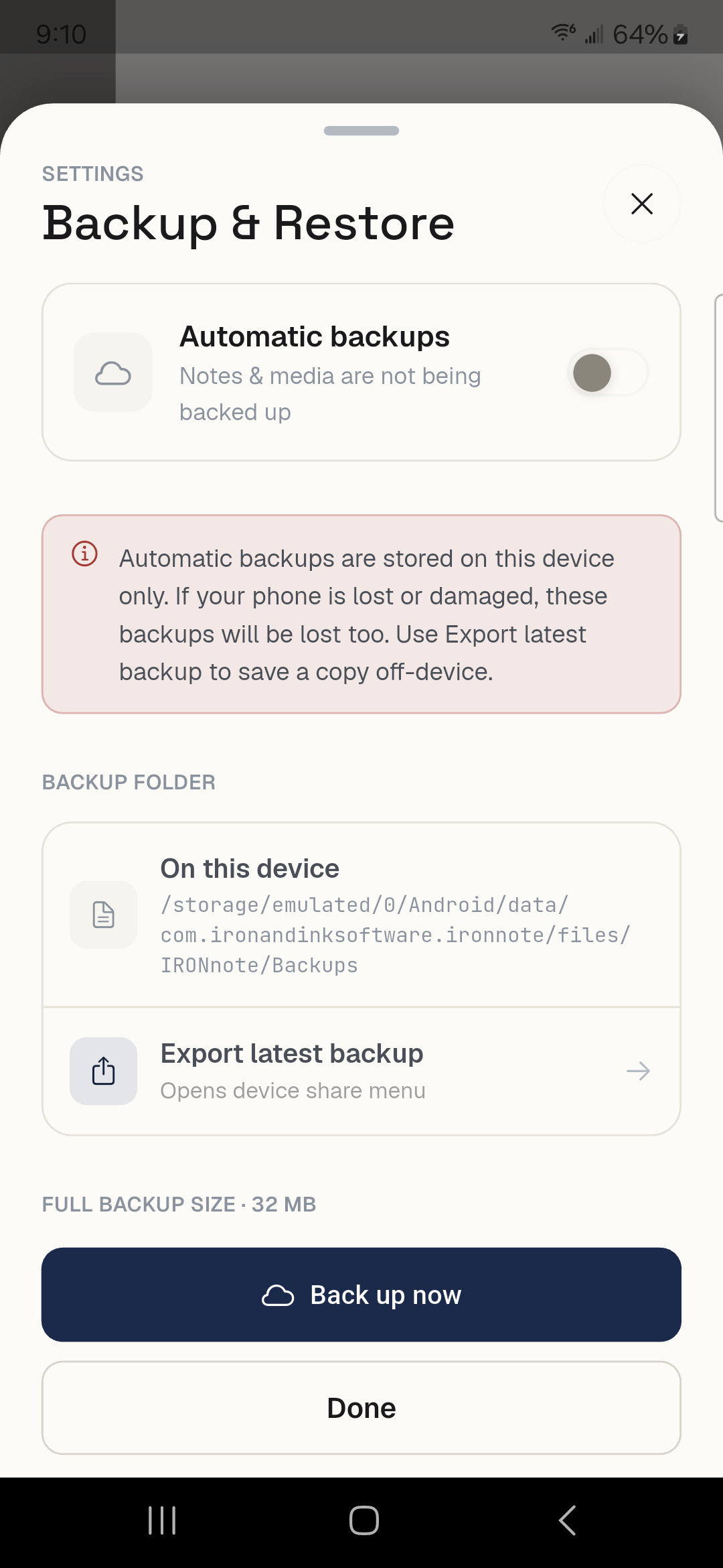 On-device backup and restore settings