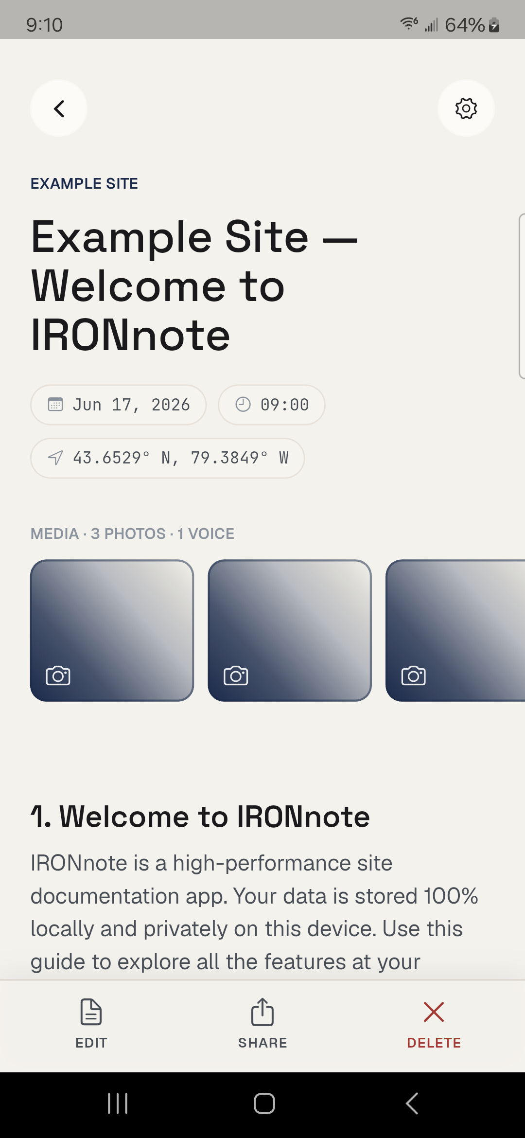 A field note with photos, voice memo, GPS and timestamp